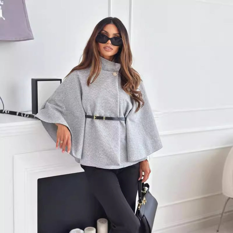 Belted Batwing Cloak Top – Chic Stand-Collar Sweater