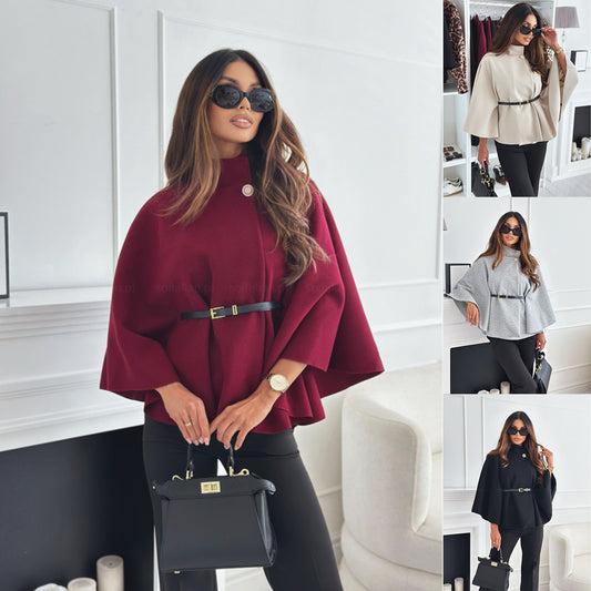 Belted Batwing Cloak Top – Chic Stand-Collar Sweater