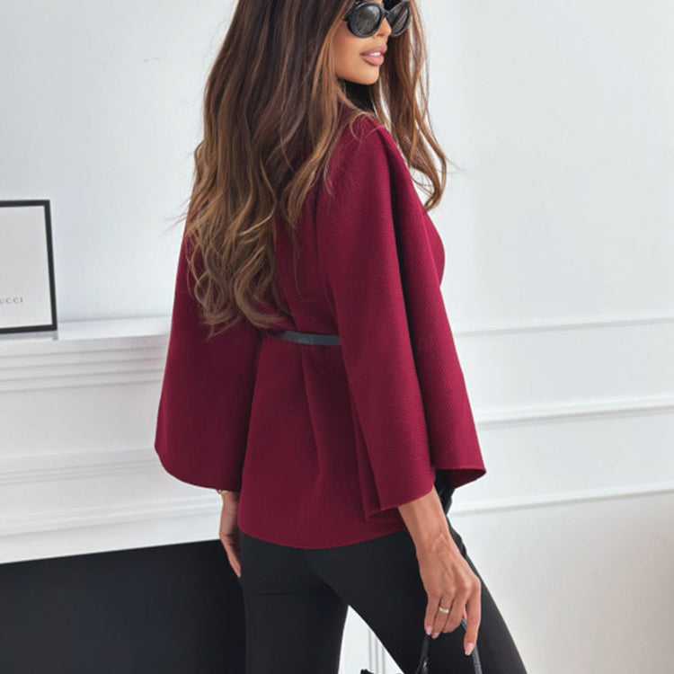 Belted Batwing Cloak Top – Chic Stand-Collar Sweater
