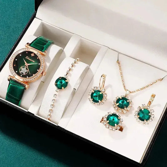 Elegant Green Quartz Watch Set - Complete Sophisticated Look - ShopWithUD