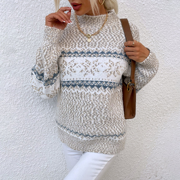 Half-Turtleneck Snowflake Sweater – Cozy Jacquard Knit