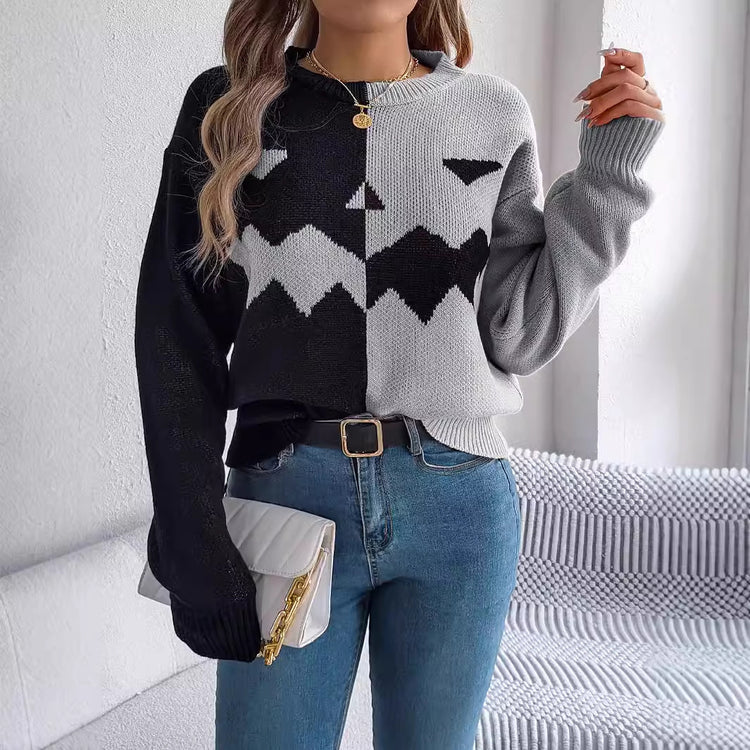 Halloween Ghost Contrast Sweater – Festive Knit Pullover