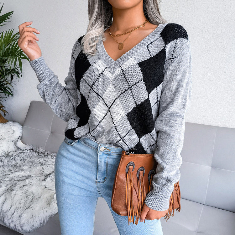 Preppy Diamond Knit Sweater – Effortless Urban Style