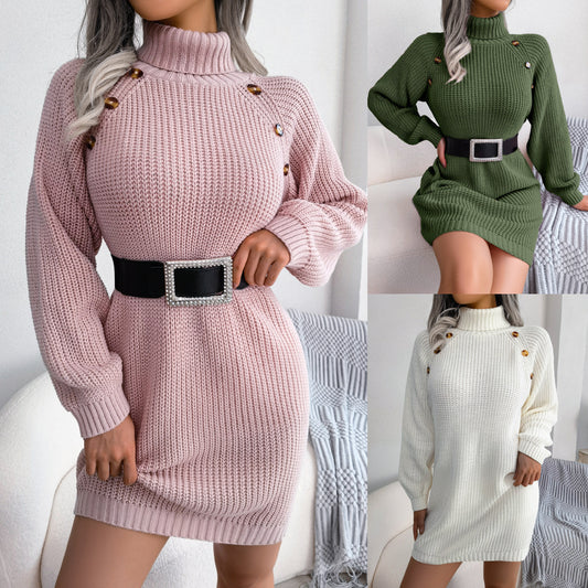 Chic Turtleneck Sweater Dress – Button Detail, Winter-Ready
