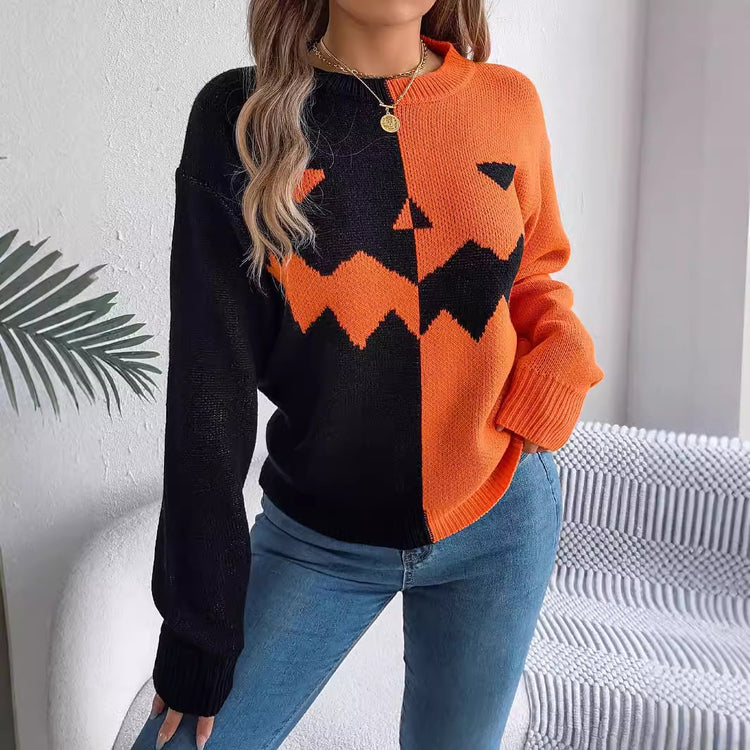 Halloween Ghost Contrast Sweater – Festive Knit Pullover