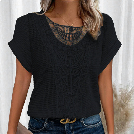Chic Hollow-Out Short Sleeve Top – Japanese-Korean Style