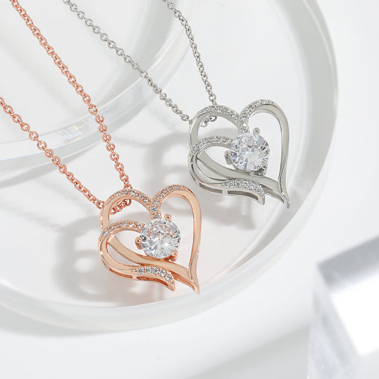 Zircon Double Love Necklace – Heart Pendant with Rhinestones