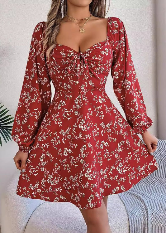 Floral Print Lantern Sleeve Tie Square Neck A-Line Dress