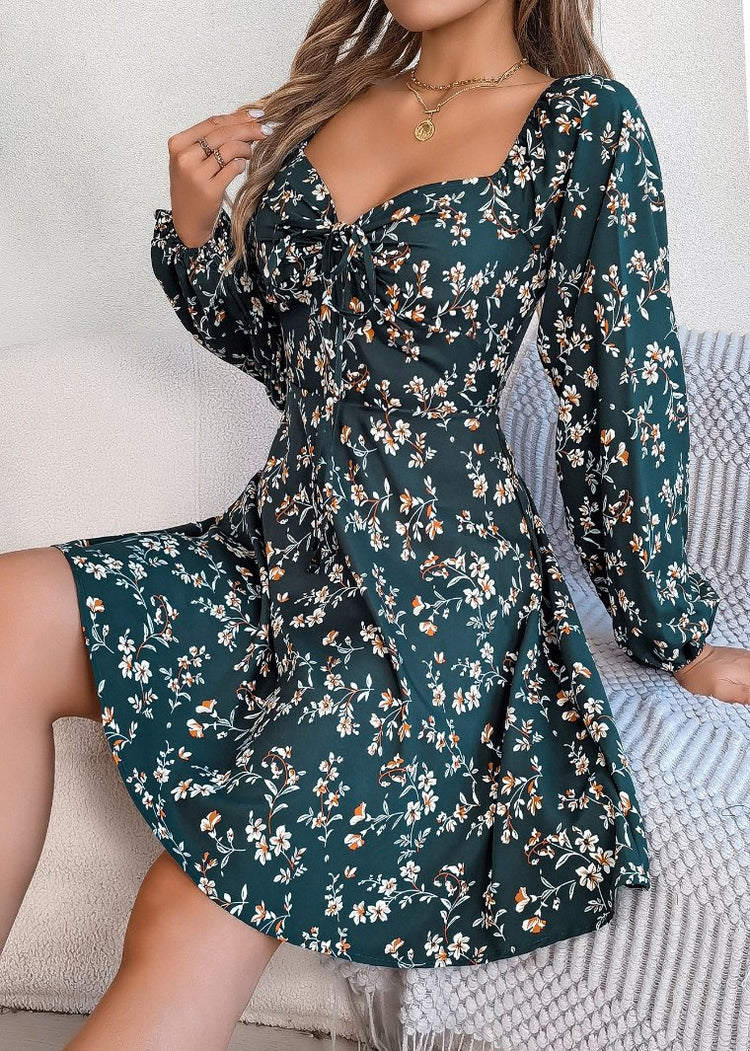 Floral Print Lantern Sleeve Tie Square Neck A-Line Dress