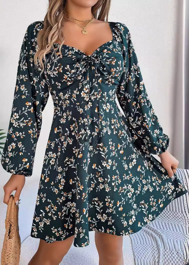 Floral Print Lantern Sleeve Tie Square Neck A-Line Dress