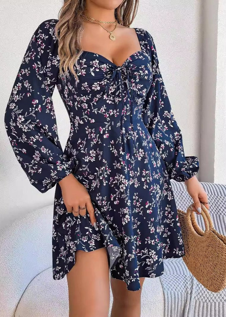 Floral Print Lantern Sleeve Tie Square Neck A-Line Dress