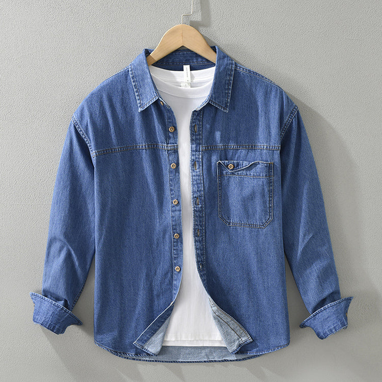 Retro Japanese-Style Denim Shirt - Long Sleeve Men's Cardigan