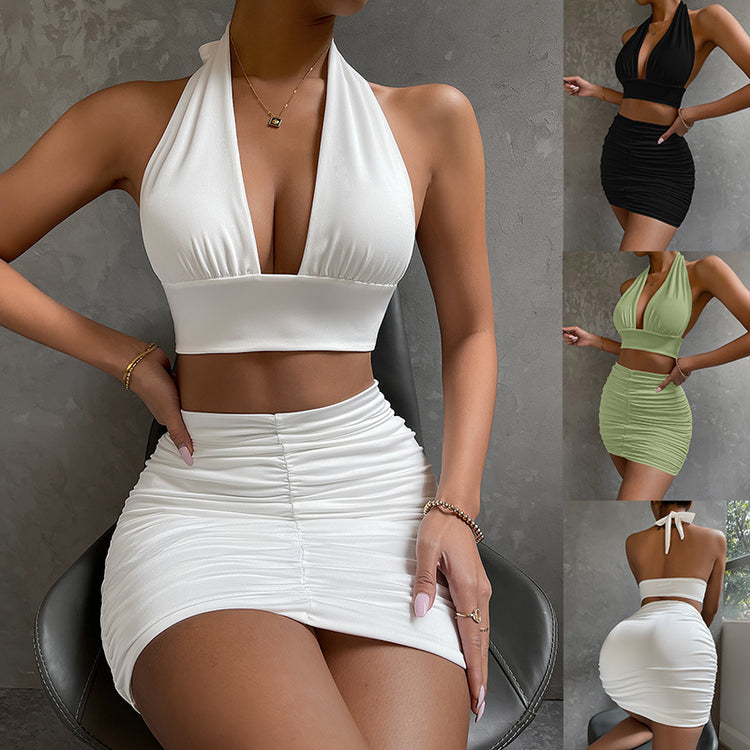 Elegant 2-Piece Halter Top & Pleated Skirt Set for Women