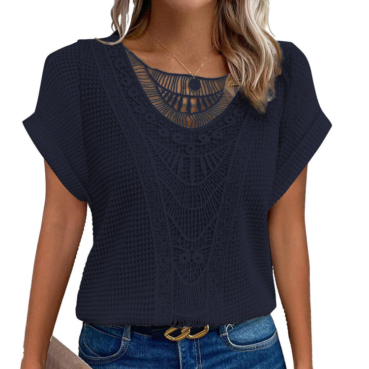Chic Hollow-Out Short Sleeve Top – Japanese-Korean Style
